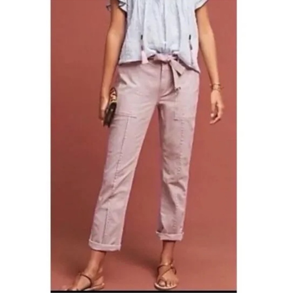 Anthropologie Women's 30 Pink Belted Wanderer Twill Ankle Pants Straight Leg - Picture 2 of 11
